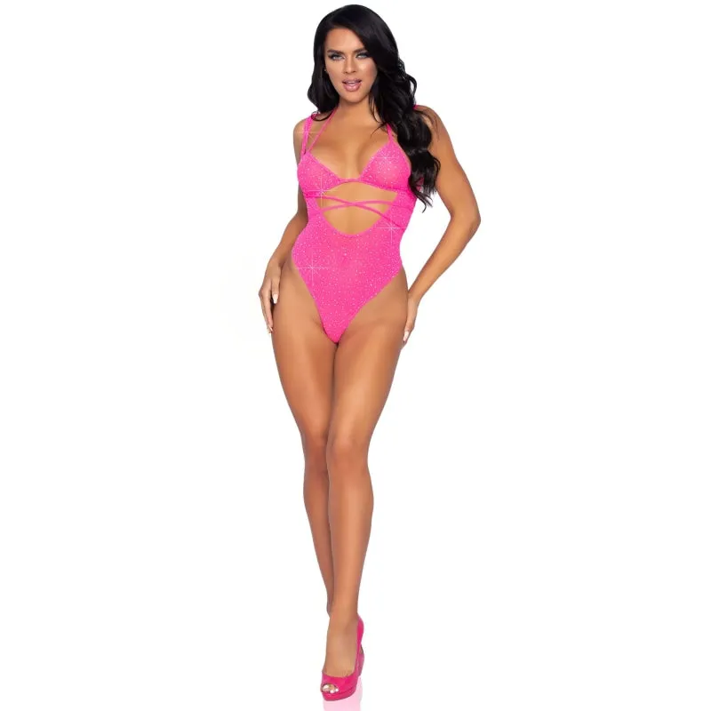 2 Pc. Rhinestone Wrap Around Bikini Top and Suspender Bodysuit - One Size - Neon Pink