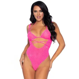 2 Pc. Rhinestone Wrap Around Bikini Top and Suspender Bodysuit - One Size - Neon Pink