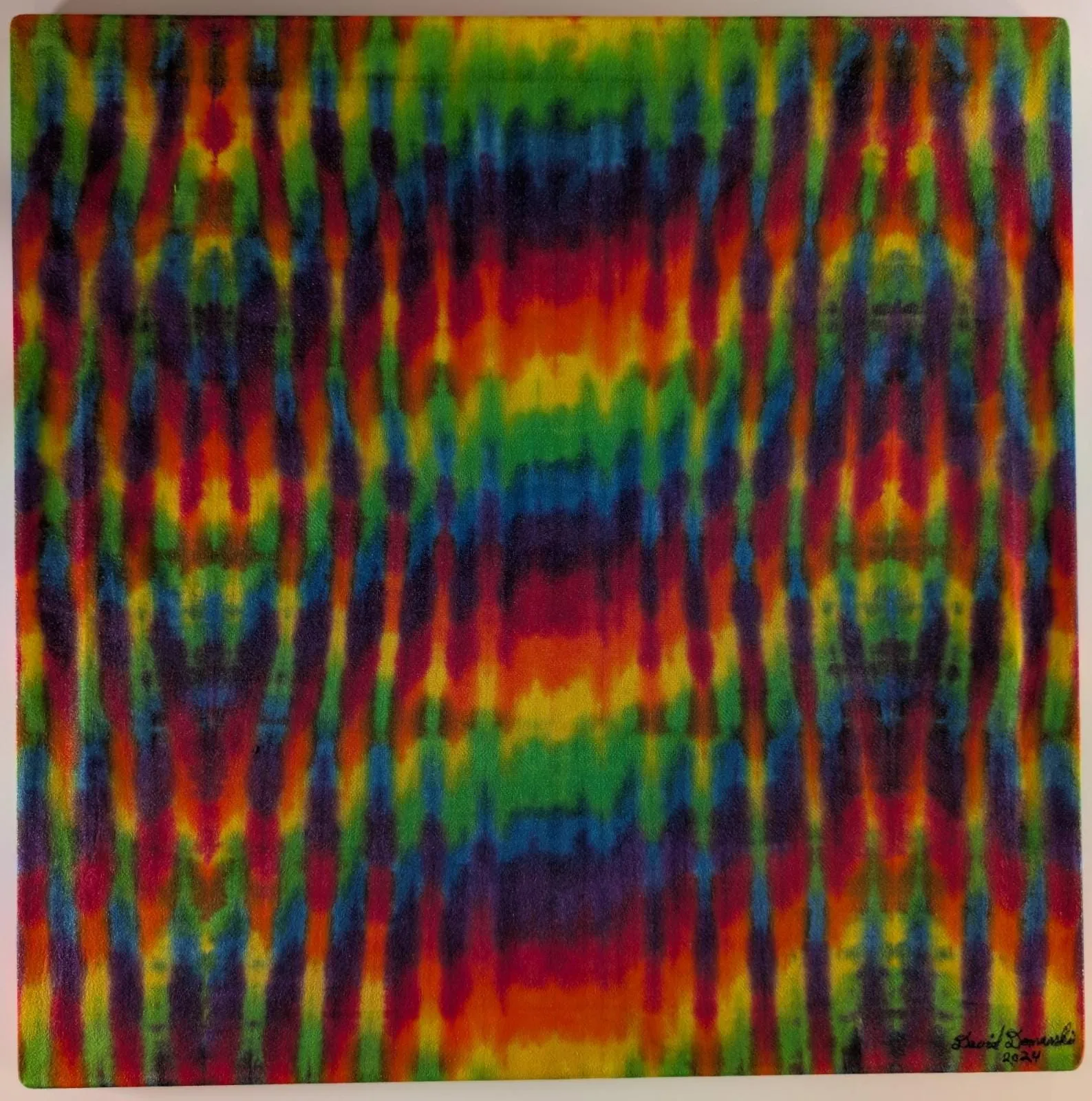 24"X24"X.75" Trippy Weaver Tie Dye on a Square Panel of Calcutta Cotton Stretched onto 24"X24" Stretcher Bars, Signed, Clear Coated