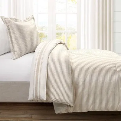 2pc Twin/Twin Extra Long Farmhouse Stripe Reversible Cotton Comforter & Sham Set Neutral - Lush Décor