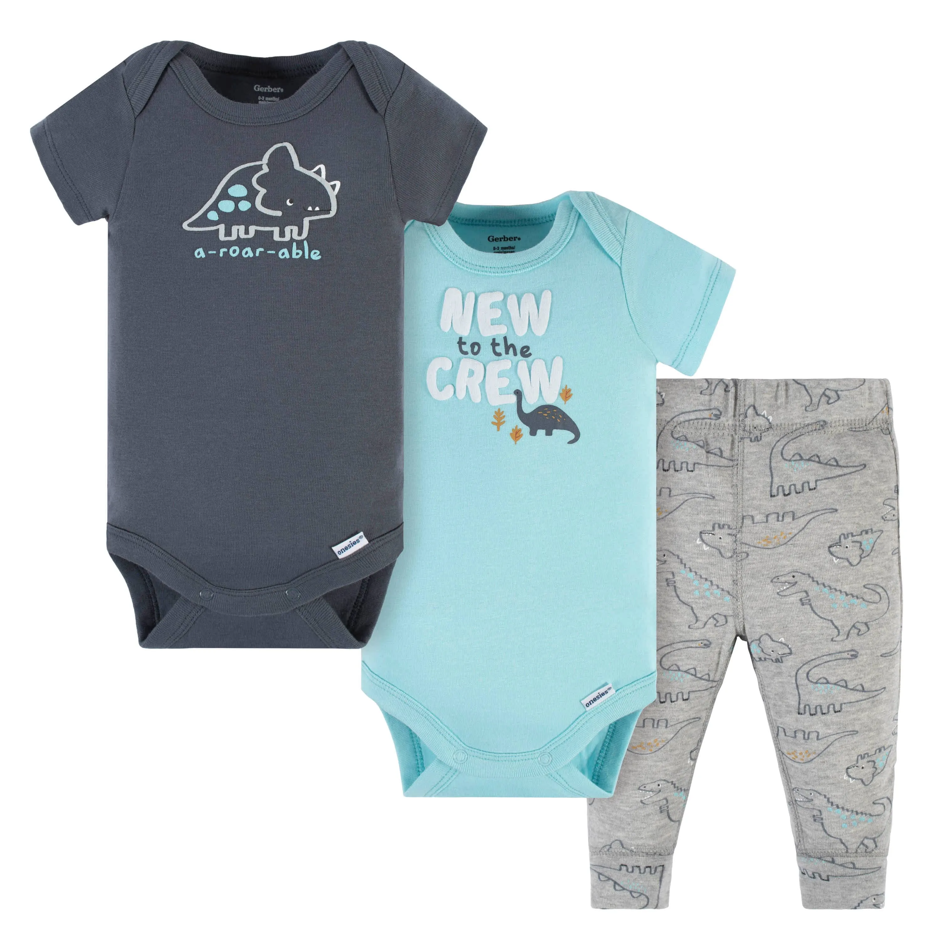 3-Piece Baby Boys Dino Blues Short Sleeve Onesies® Bodysuits & Pants Set