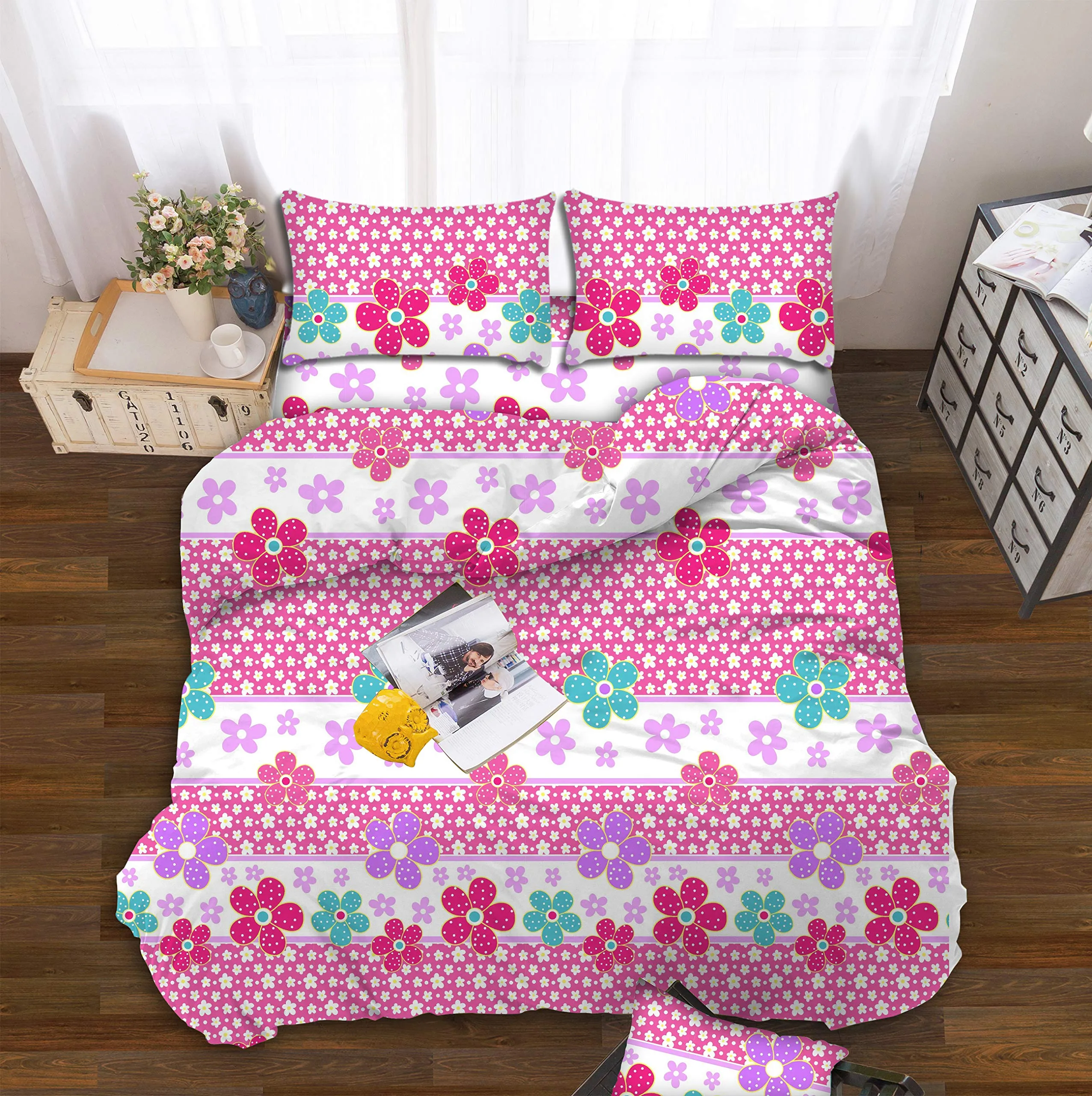 All American Collection Pink Flowers Printed Bedding Sets