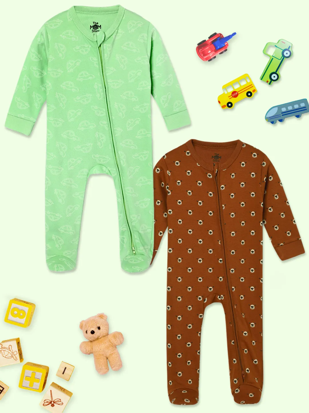 Baby Zipper Romper Combo Of 2: Vroom Vroom-Beary Best