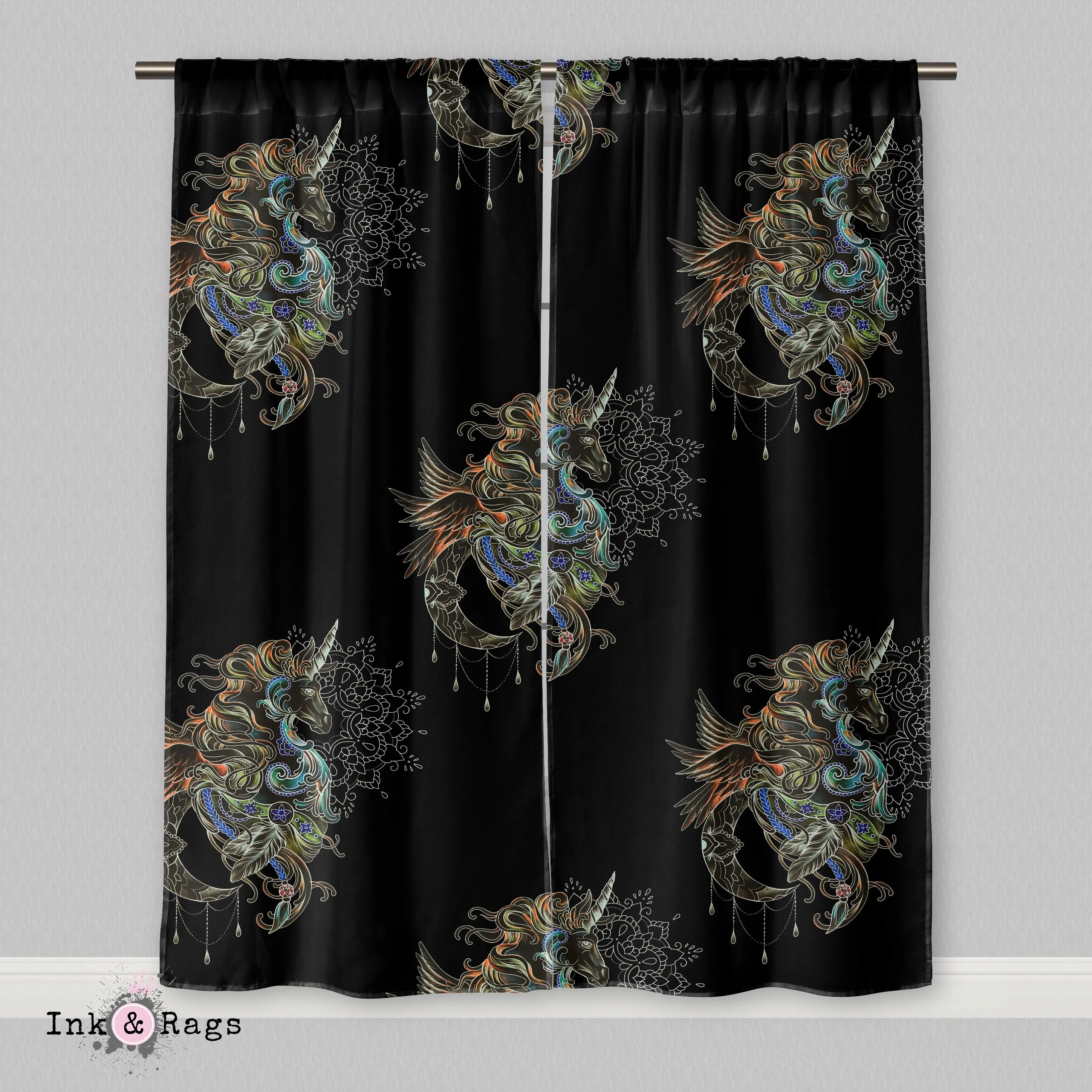 Bohemian Winged Unicorn Mandala Moon Curtains