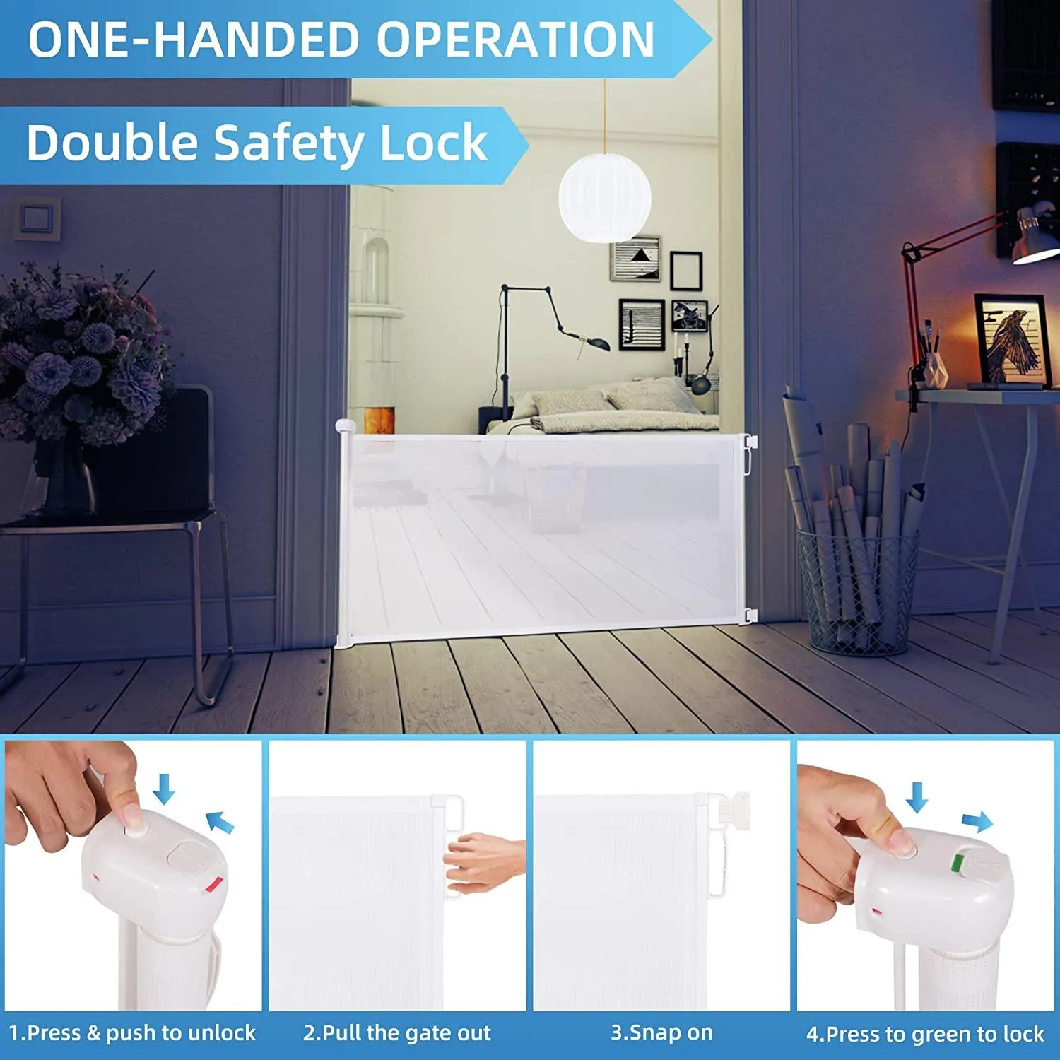 Child Safety Gate Retractable Baby Gate 34.4" Tall, Extends to 59" Wide, White