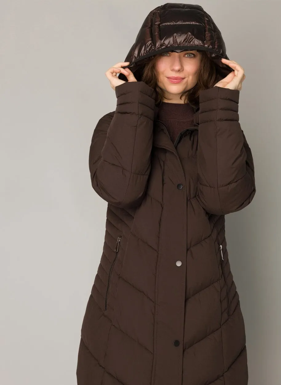 CHOCOLATE BROWN HOODED PUFFER COAT