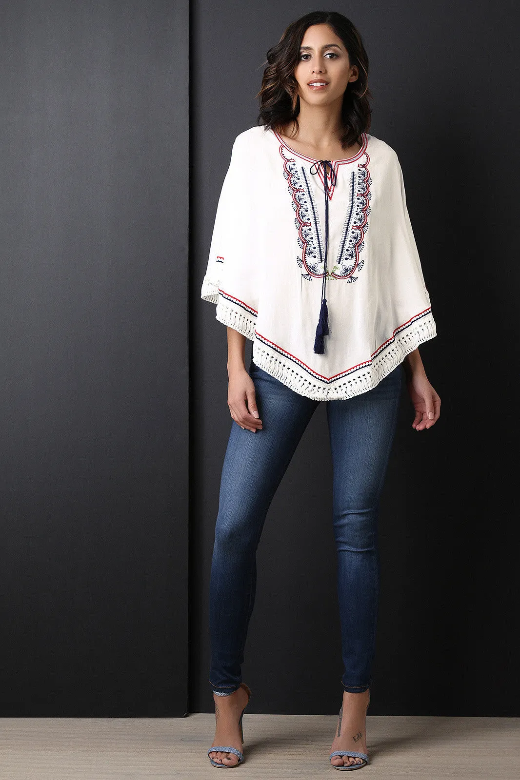 Embroidered Round Neck Tassel-Tie Poncho