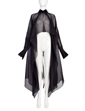 Gianfranco Ferre Vintage Avant Garde Collared Black Sheer Raw Silk Organza Draping Tail Duster