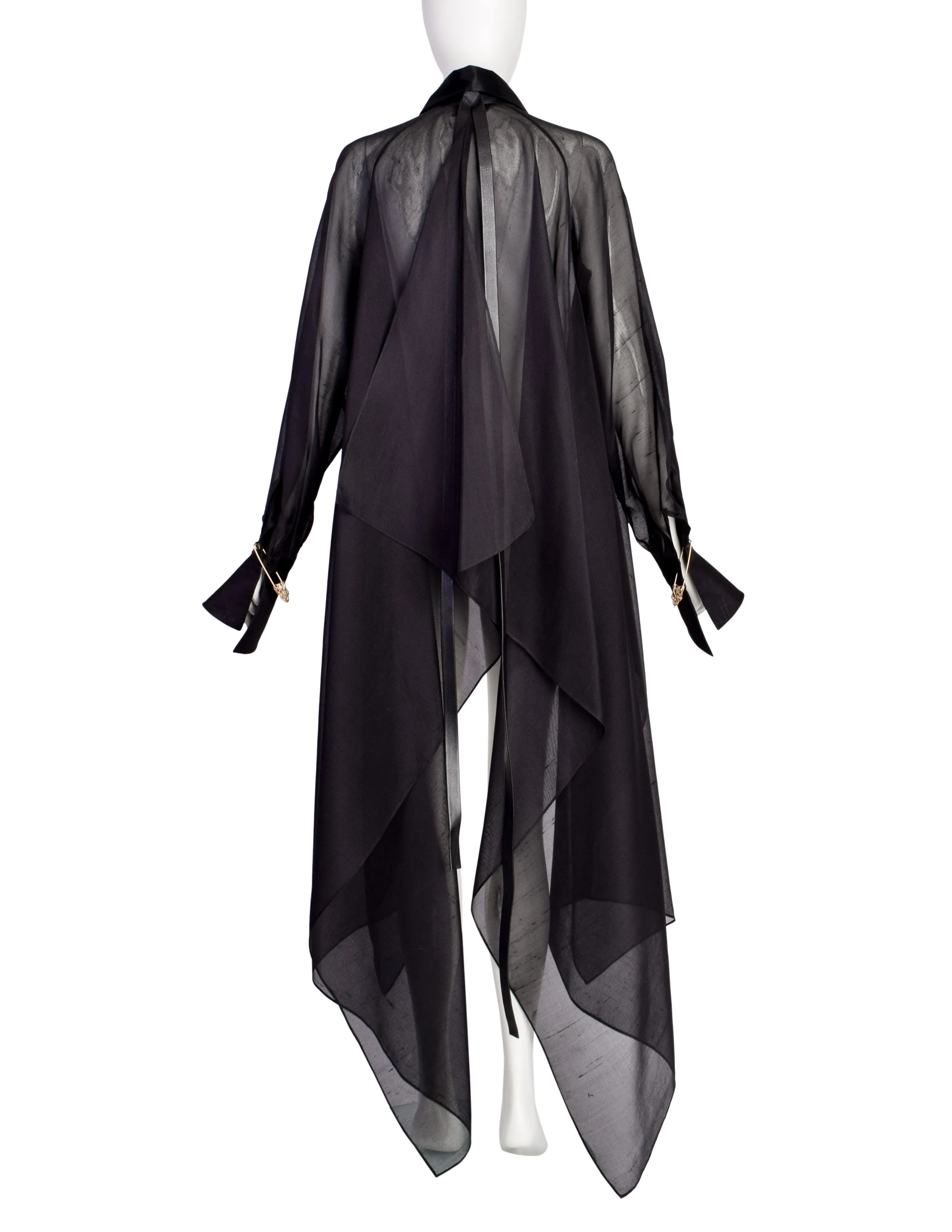 Gianfranco Ferre Vintage Avant Garde Collared Black Sheer Raw Silk Organza Draping Tail Duster