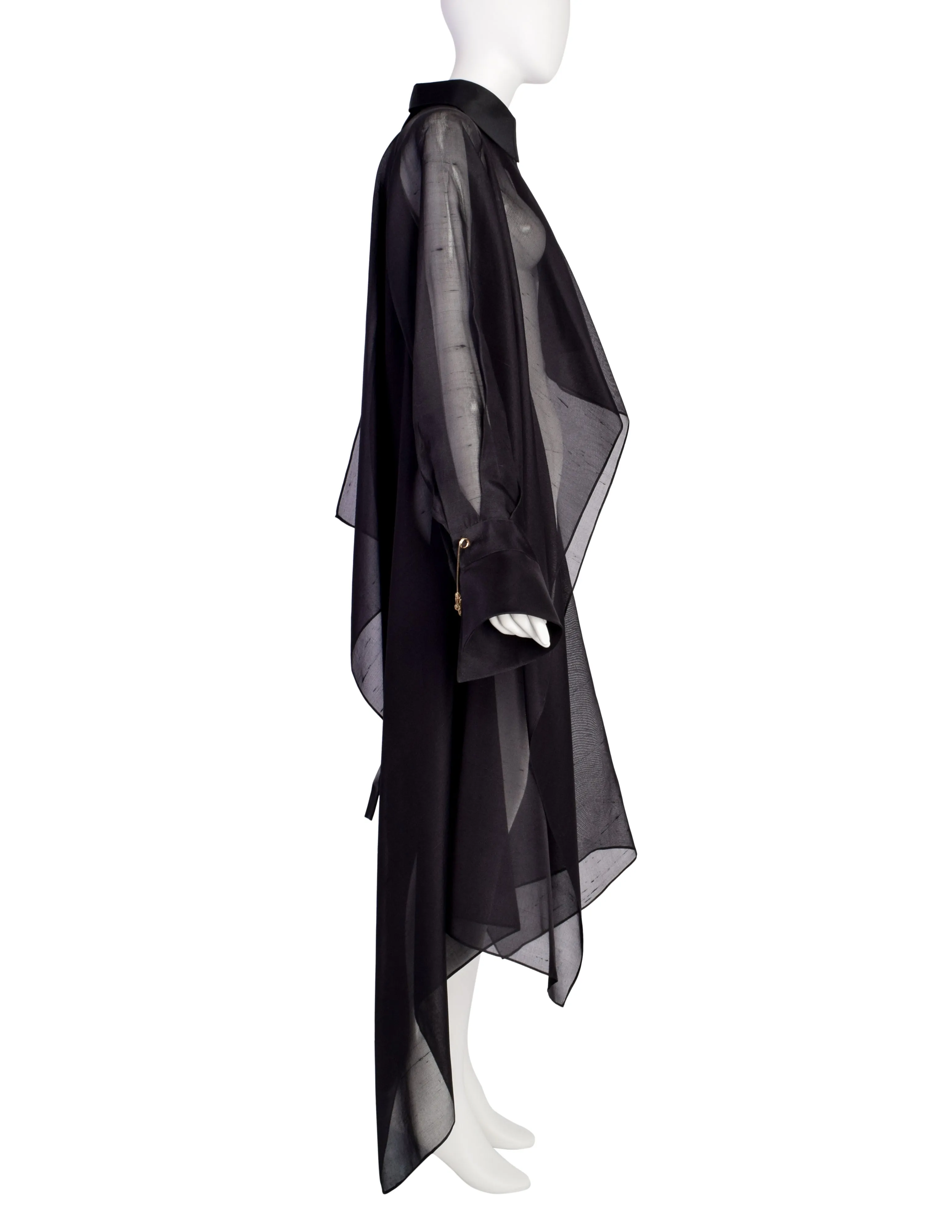 Gianfranco Ferre Vintage Avant Garde Collared Black Sheer Raw Silk Organza Draping Tail Duster