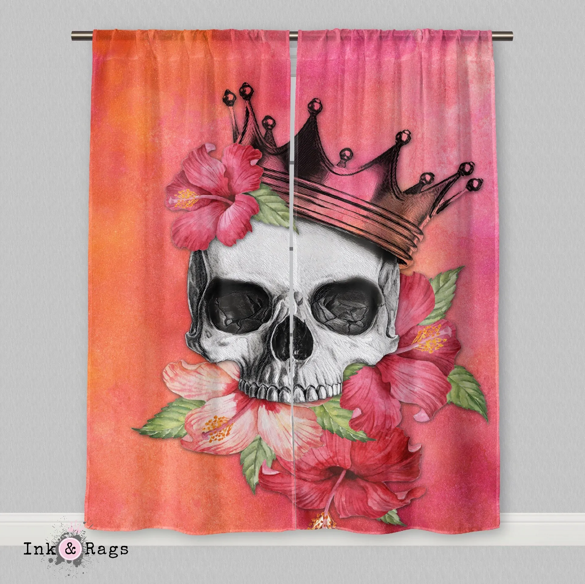 Hibiscus Watercolor Skull Crown Curtains