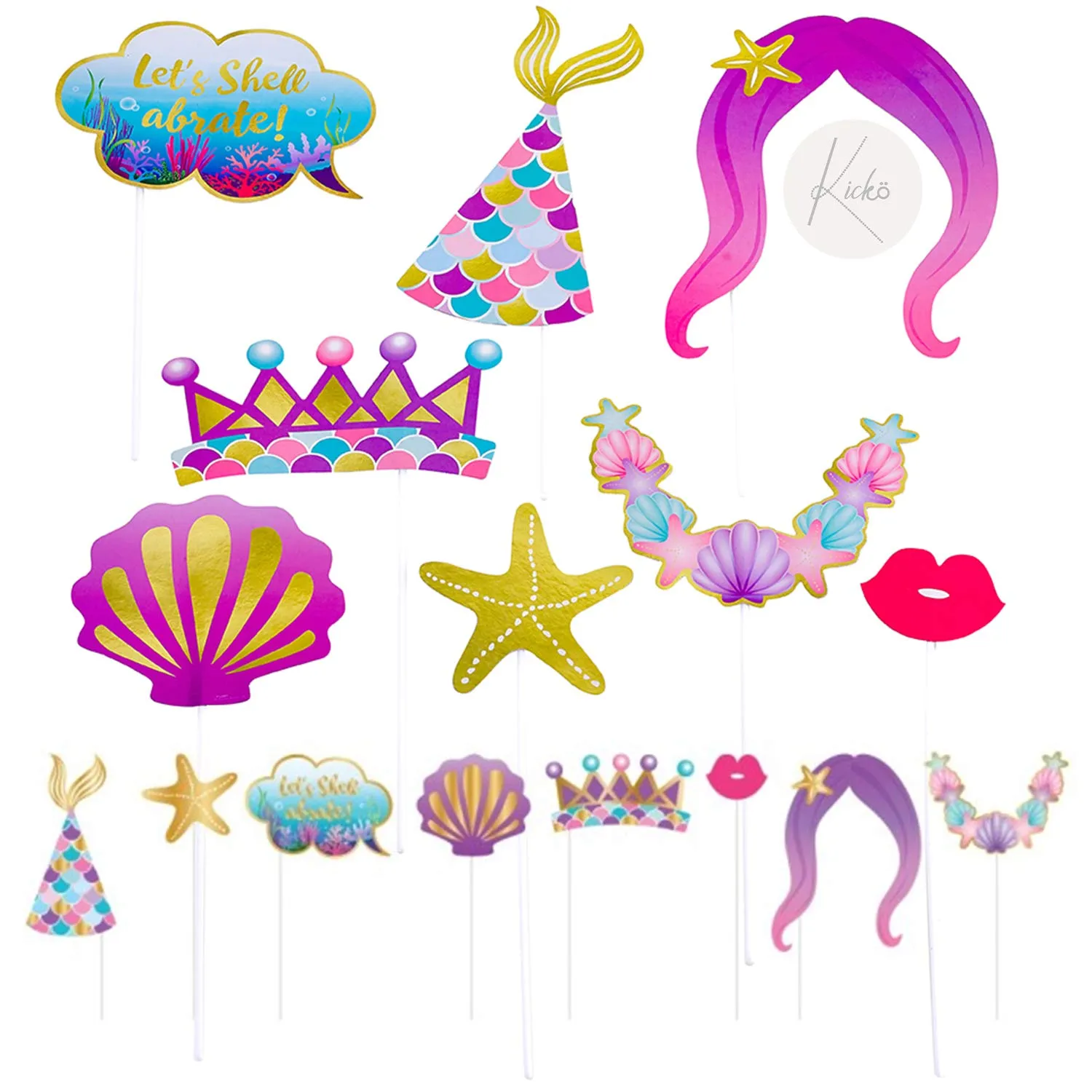 Kicko Mermaid Photo Props on Sticks - 16 Pack - Multiple Sizes - for Kids, Party Favors