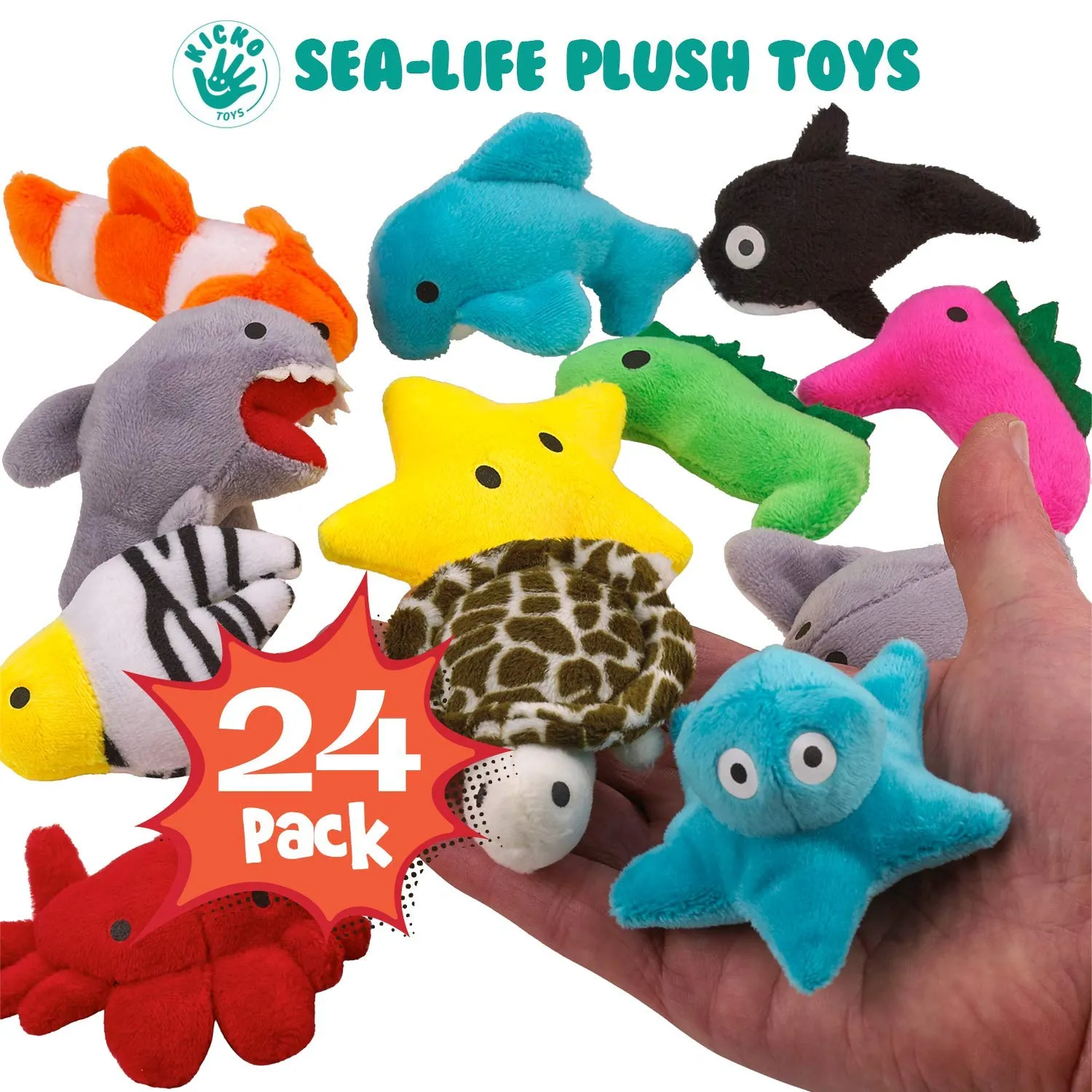 Kicko Sea-Life Plush Toys - 3 Inches - 24 Assorted Pieces - for Kids, Babies, Adults