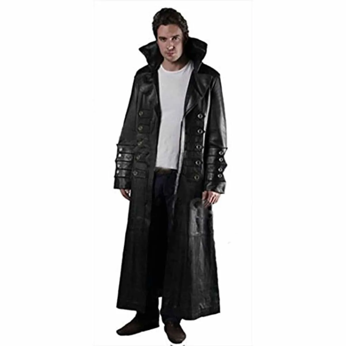 Mens Matrix Style Trench Coat Black Leather Gothic Steampunk - T4