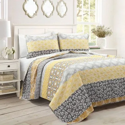 New - 3pc Full/Queen Bohemian Stripe Reversible Oversized Cotton Quilt Bedding Set Yellow/Gray - Lush Décor