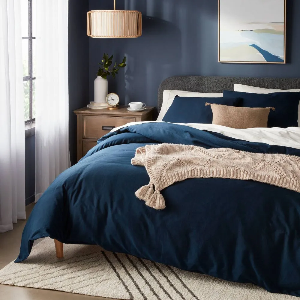 New - King Mod Washed Cotton Sateen Duvet Cover and Sham Set Dark Navy - Threshold