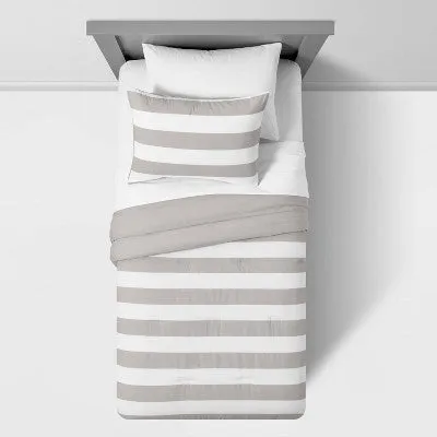 New - Twin Rugby Stripe Cotton Comforter Set Gray - Pillowfort