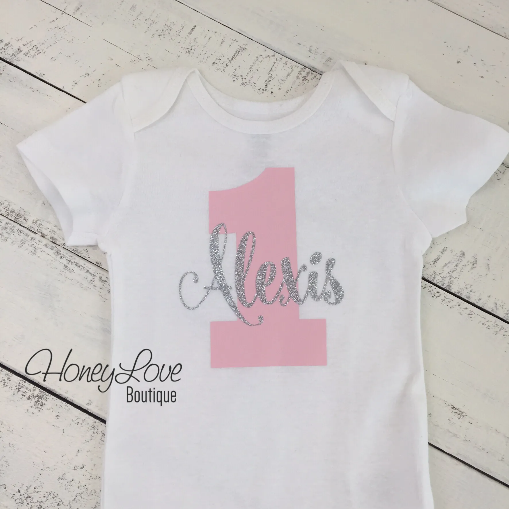 Personalized 1st Birthday Bodysuit - Light Pink and Silver glitter