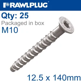 RAWLPLUG CONCRETE SCREWBOLT M10 12.5X140MM CSK ZINC FL X25-BOX RAW R-LX-10X140-CS-ZF