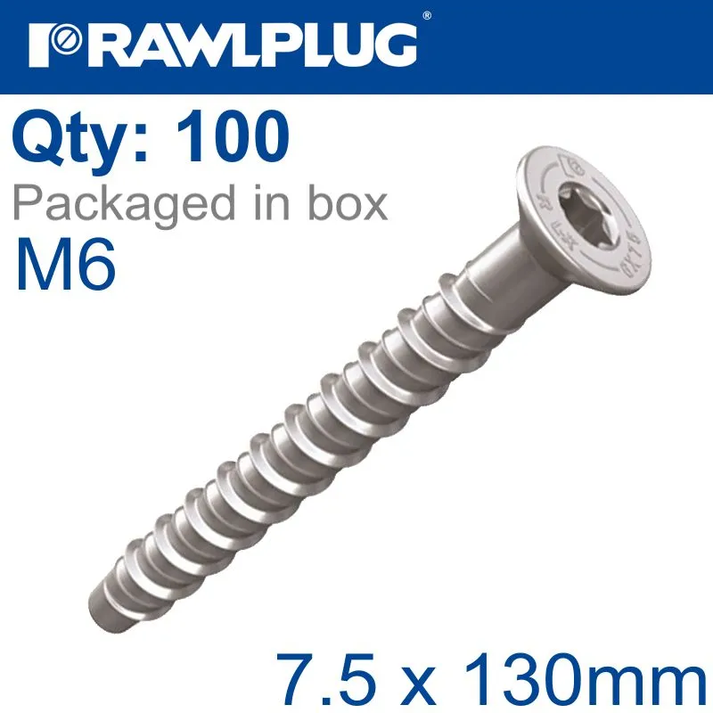 RAWLPLUG CONCRETE SCREWBOLT M6 7.5X130MM CSK HEAD ZINC BOX OF 100 RAW R-LX-06X130-CS-ZP