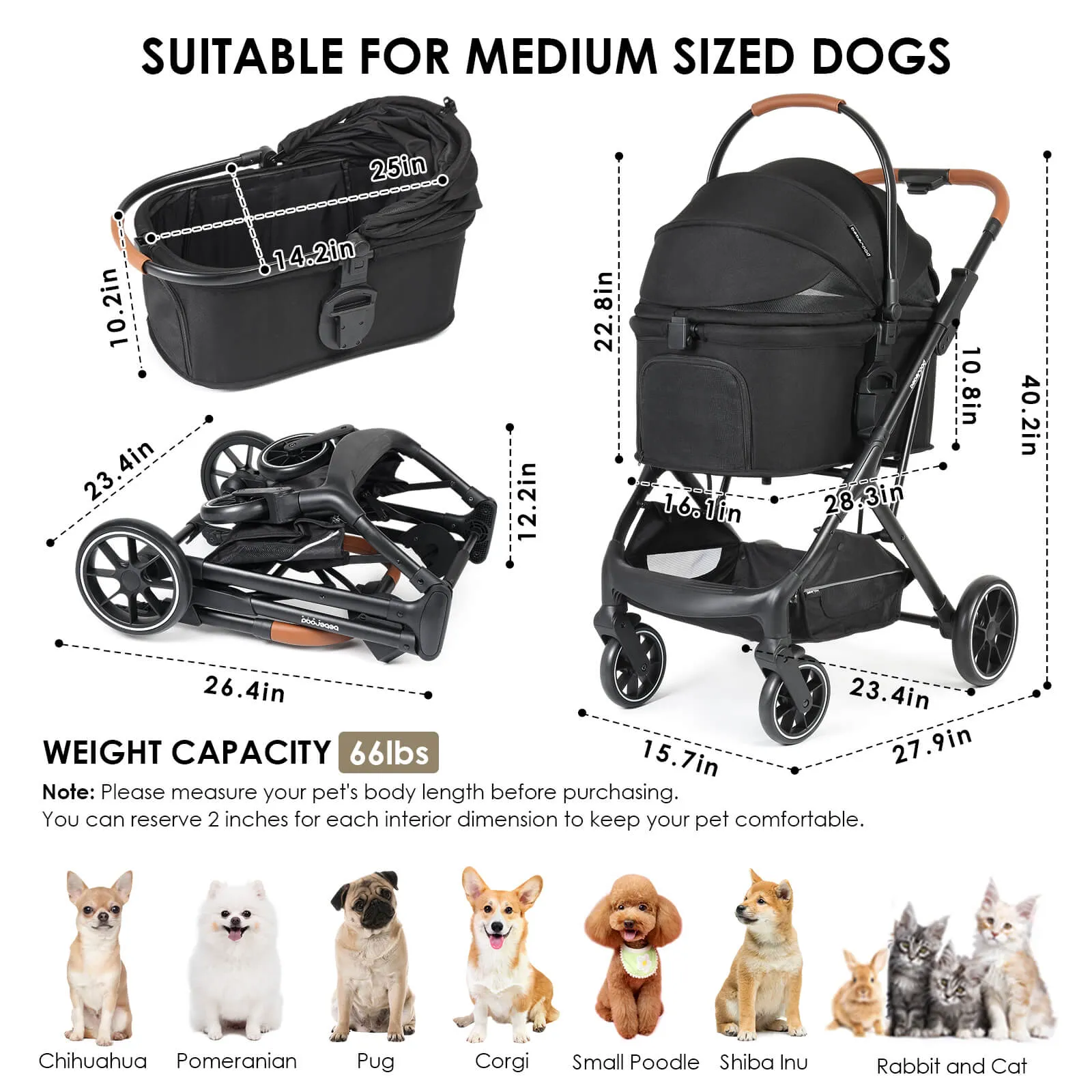 T6 Luxury Pet Stroller for Medium Dog Under 66lbs