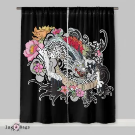 White Dragon Traditional Japanese Tattoo Style Curtains